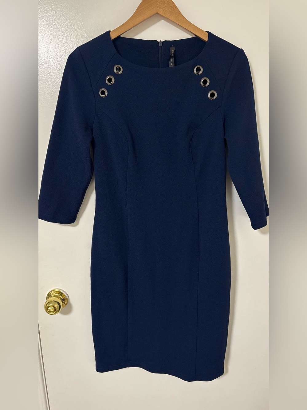 Tailored Navy Ponte Sheath Dress with Eyelet Detail - Women
